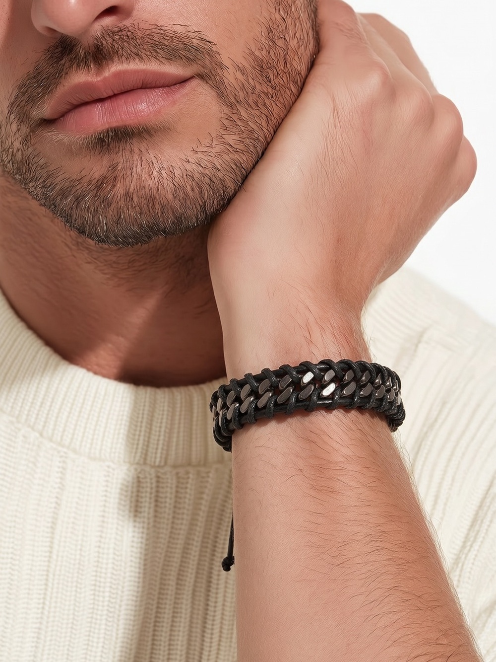 Men’s Unisex Adjustable Black Leather & Stainless Steel Cuban Chain Bracelet New